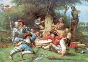 Ein friedenstiftendes Mahl: Beim Ersten Kappelerkrieg sollen sich Zürcher Reformierte und Innerschweizer Altgläubige bei einer Milchsuppe verbrüdert haben. (Bild: Gemälde von Albert Anker (1869))