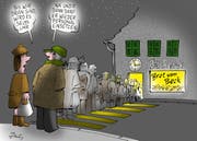 «Bis wir drann sind, wird es sechs Uhr.» «Na und? Dann darf er wieder Personal einsetzen.» (Karikatur Jals/Neue LZ)