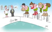 Die Krienser Sportschwimmer müssen sich vielleicht bald warm anziehen. (Karikatur Jals/Neue LZ)