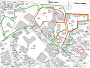 Die Karte zeigt den Prüfperimeter (grün) sowie den Sanierungsperimeter (rot). (Bild: PD)