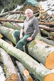 Franz Röösli mit Holz, das dereinst zu Kohle wird. (Bild: Eveline Beerkircher, Romoos, 23. Januar 2018)