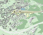 Das Gebiet rund um den Bahnhof Arth-Goldau (gelb eingefärbt) soll gezielt entwickelt werden und der Bahnhof zur wichtigsten Drehscheibe im öffentlichen Verkehr im Kanton Schwyz ausgebaut werden. (Bild: Grafik: PD)