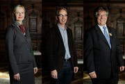 Manuela Jost (GLP), Beat Züsli (SP) und Rolf Hermetschweiler (SVP) treten zum zweiten Wahlgang an. (Bild: Maria Schmid / Neue LZ)