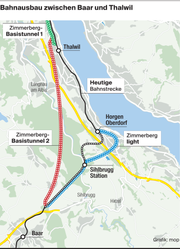 Hier soll der Zimmerberg-Basistunnel II entstehen. (Bild: Grafik: mop)