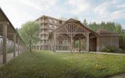 Das sechsstöckige Haus im Garten des Klosters Wesemlin soll Platz für 30 Wohnungen bieten. (Visualisierung: Marques Architekten)