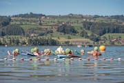 Die Viertklässler aus Hochdorf machen im Baldeggersee mit Schwimmnudeln Schwimmübungen. (Bild: Pius Amrein (Hochdorf, 23. August 2017))