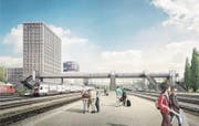 So soll die Personenüberführung beim Bahnhof Rotkreuz dereinst aussehen. (Bild: Visualisierung: PD)