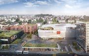 Vogelperspektive auf die Mall of Switzerland mit Kino, Wohnungen und Einkaufszentrum und einem Hotel (von links). (Bild: Visualisierung: PD)