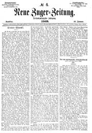 Die Frontseite der "Neuen Zuger-Zeitung" vom 25. Januar 1868.