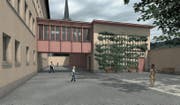 Das bestehende Schulhaus mit dem Erweiterungsbau (rechts). (Bild: Visualisierung: Auf der Maur & Böschenstein Architekten/Baureag Architekten)
