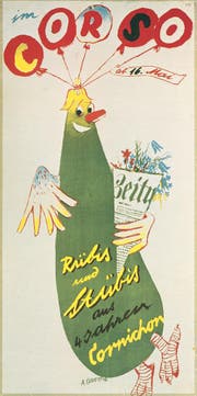 1938 entwarf Carigiet den Essiggurken-Vogel als Signet für Plakate und Programmhefte des Schweizer Kabarettensembles «Cabaret Cornichon», welches er mitgründete. (Bild: Stadtarchiv Zürich/Alois Carigiet Erben)