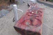 Das Wasserspiel wurde aus einem Mammutbaumstrunk geschnitzt, der auf dem Spielplatz gefällt werden musste. (Bild: pd)