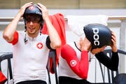 Olivier Beer, links, und Gael Suter, rechts, vom Schweizer Bahnrad-Team. (Bild: Manuel Lopez)