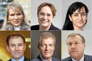 (Oben, von links:) Margarita Louis-Dreyfuss,Madgalena Martullo-Blocher, Vania Alleva, (unten) Ivan Glasenberg, Heinz Karrer, Martin Senn. (Bild: Keystone)