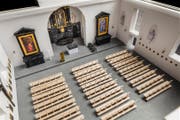 So wird sich der Chorbereich der Luzerner Peterskapelle nach der Sanierung präsentieren. (Bild: Visualisierung PD)