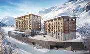 Frontansicht des Radisson-Blu-Hotels in Andermatt. (Bild: Visualisierung: PD)