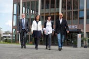 Auf dem Bild vlnr: Rolf Born, Gemeindepräsident Emmen, Susanne Truttmann, Gemeinderat Emmen, Sonja Greber, Geschäftsleitung Finanzen Le Théatre, Andréas Härry, Geschäftsleitung Künstlerische Leitung Le Théatre. (Bild: Dominik Wunderli)
