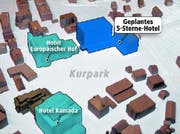 Der vorgesehene Standort des Hotels in Engelberg, angrenzend an den Kursaal und den Kurpark. (Bild Robert Hess/Grafik Oliver Marx)