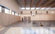 Innenansicht der neuen Zweifachturnhalle in Schenkon. (Bild: Visualisierung: PD)