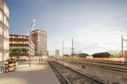 Direkt am Bahnhof Rothenburg sind drei Gebäudekomplexe mit Innenhöfen sowie ein Hochhaus (45 bis 55 Meter) vorgesehen. (Bild: Visualisierung: PD)