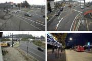 Der Verkehr am Montagmorgen läuft auf dem Seetalplatz reibungslos. Unten rechts: Ein Bus fährt in den neuen Hub beim Bahnhof Emmenbrücke. (Bilder Webcams / Leser Hannes Ernst)