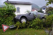 Der Autofahrer wich aus und landete mit seinem Auto in der Hecke. (Bild: Schwyzer Polizei)