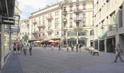 Der Falkenplatz wird mit den alten Steinen neu gepflastert und beim Brunnen zwei Sitzbänke montiert. (Bild: Visualisierung)