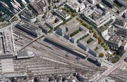 Das Areal Rösslimatt hinter dem Citybay-Komplex soll überbaut werden, links der Bahnhof Luzern, rechts unten die Langensandbrücke. (Bild: zvg)