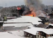 Die Feuerwehr Stadt Luzern unterstützte im Januar andere Feuerwehren beim Grossbrand in einer Sägerei in Haltikon. (Bild: Geri Holdener / Bote der Urschweiz, Haltikon, 9. Januar 2017)