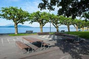 Die neuen Tische und Bänke entlang der Seepromenade in Zug laden Besucher dazu ein, sich unter freiem Himmel zu treffen. (Bild: pd)