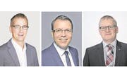 Das sind die Kandidaten für die Nachfolge von Robert Küng: Jim Wolanin, Sozialvorsteher FDP, Neuenkirch, Heinz Schumacher Gemeindepräsident FDP, Root, Rolf Born Gemeindepräsident FDP, Emmen (von links nach rechts). (Bild: PD)