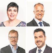 Eine Frau und drei Männer: Das Viererticket der FDP-Kandidaten (von oben links im Uhrzeigersinn): Carina Brüngger, Roger Bosshart, Florian Weber und Andreas Hoststettler. (Bilder: PD)