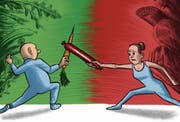 Wer tierische Produkte verschmäht, wird von manchen Tischgenossen als Bedrohung wahrgenommen. (Bild: Illustration: Tiemo Wydler)