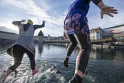 Zwei Schwimmerinnen beim Silvesterschwimmen springen in das kühle Nass der Reuss. (Bild: KEYSTONE/Urs Flüeler)