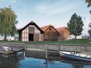 So soll sich das neue Lagerhaus (links) an die beiden bestehenden anreihen. (Bild: Visualisierung/PD)