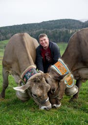 Landwirt Fabian Kempf aus Schwarzenberg zeigt seine Kühe. Links zu sehen ist Agnes, ein Original Braunvieh, und rechts Birke, ein Braunvieh. (Bild Corinne Glanzmann)