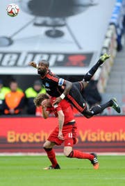 Fliegt der Schweizer Johan Djourou (unten Leverkusens Stefan Kiessling) mit dem HSV in die 2. Bundesliga? (Bild: EPA/Caroline Seidel)