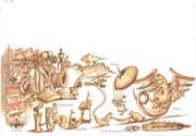 Illustration von Andrey Fedorchenko aus der «Seetaler Drachen-Saga»: Der Drachenforscher mit seinen Forschungsgeräten. (Bild: PD)
