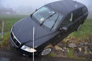 Das Auto schlitterte auf dem Wiesenberg über eine Wiese und blieb an einer Stützmauer hängen. (Bild Kantonspolizei Nidwalden)