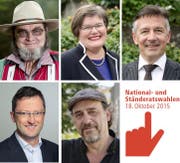 Sie treten im Kanton Nidwalden an: Die Ständeratskandidaten Josef Käslin, Therese Rotzer und Hans Wicki (oben von links) sowie die Nationalratskandidaten Peter Keller und Andreas Fagetti (unten von links). (Bilder Neue NZ)