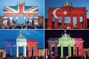 Beleuchtung beim Brandenburger Tor als Zeichen der Solidarität für Terroropfer: Die russische Flagge fehlt. (Bilder: Keystone)