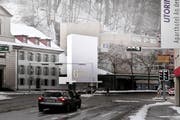 Das markante Gesicht der Talstation der neuen Gütsch-Bahn wird eine elf Meter hohe Wand mit dem Gütsch-Schriftzug. (Bild: PD)