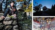 Maria Greco in der Burgruine in Hünenberg. Oben rechts: das Kloster auf dem Gubel in Menzingen, unten: ein Wandgemälde an der Kapelle St. Anna in Baar. (Bilder: Stefan Kaiser (28. Oktober) und Werner Schelbert (27. Oktober))