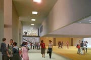 So soll das Foyer des neuen Pfarreizentrums am Vierherrenplatz dereinst aussehen. (Bild: Visualisierung PD)