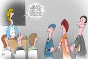 «Und jetzt begrüssen wir auch die Eltern von Dani und Nena... zum ersten Mal»: Ganz so hart ist es im Gesetzesentwurf nicht vorgesehen. (Karikatur Jals/Neue LZ)