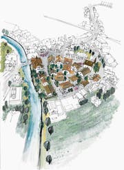 So soll die Überbauung in Sarnen zwischen Hotel Metzgern, Rathaus und Sarneraa gemäss dem Siegerprojekt «Schifflände» künftig aussehen. (Bild: Visualisierung: PD/Christian Salewski & Simon Kretz Architekten)