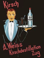 Handgemaltes Kino-Werbedia für «Kirsch, A. Weiss, Kirschdestillation, Zug», 1950er-Jahre: Der Kellner serviert ein Gläschen Kirsch und ein «Kafi fertig» mit Kirsch. (Bild: Firmenarchiv Weiss, Cham)
