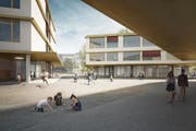 So könnte der Platz vor dem Schulhaus Staffeln künftig aussehen. (Bild: Visualisierung nightnurse images)