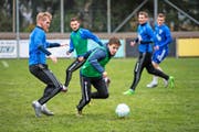 Vorbereitung auf holprigem Rasen: Die Färöer (Brandur Olsen am Ball) bekunden Mühe mit dem schwer bespielbaren Terrain im Gersag-Stadion in Emmen. Bild: Roger Grütter (Emmen, 11. November 2016)