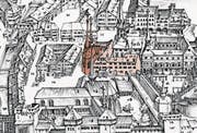 Auf dem Bild von 1597 erkennt man die Spitalkirche (dunkelrot) und das Heiliggeistspital (hellrot). Vorne die Franziskanerkirche. (Bild: PD)